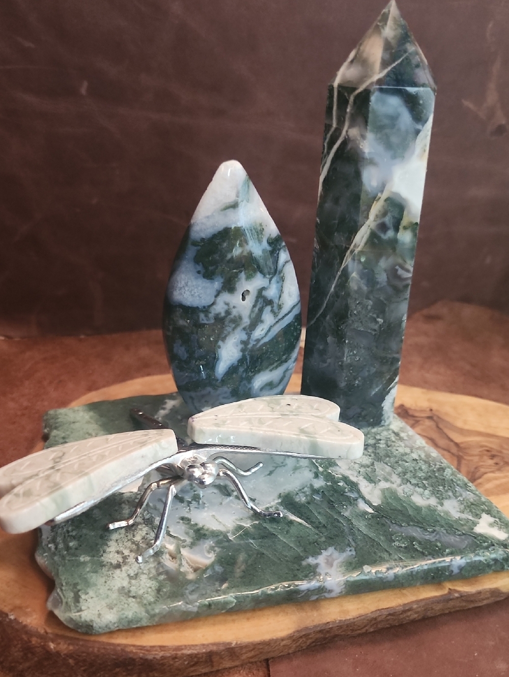 (4pc) Moss Agate Carved Stone Bundle with Silver Insect Accent